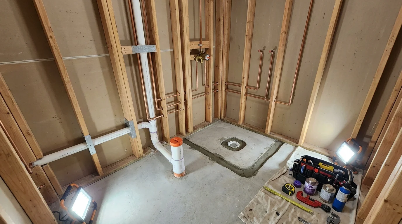 Bathroom rough-in plumbing during remodel by Johns Plumbing LLC in Copiague