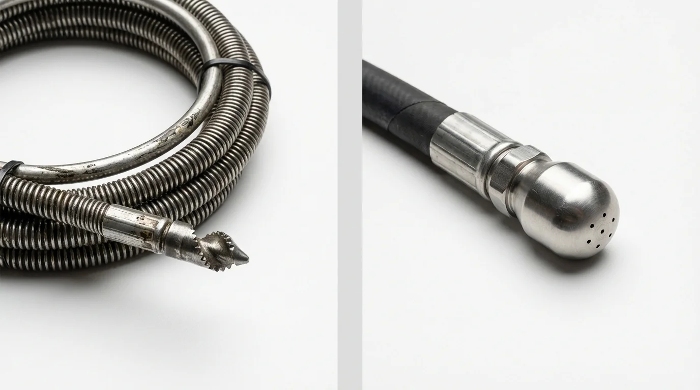 Drain snake cable and hydro jetting nozzle used for drain cleaning in Copiague, NY