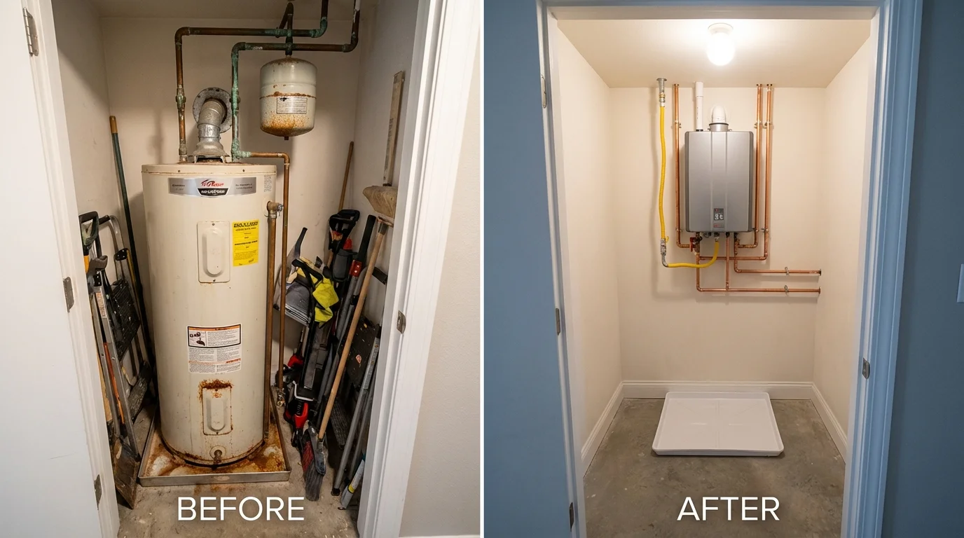 Tank water heater versus wall-mounted tankless unit comparison for Copiague, NY homeowners
