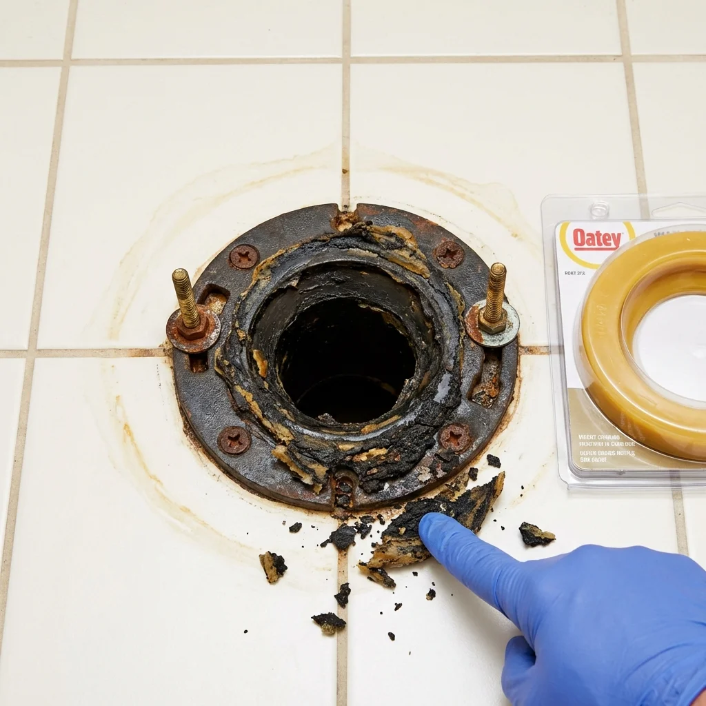 Failed wax ring showing water seepage at the base of a toilet in a Copiague, NY home